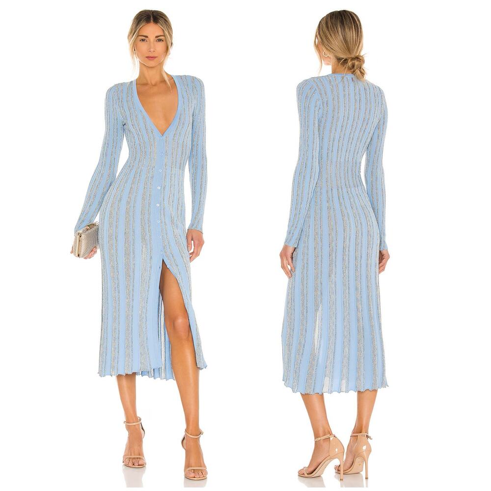 MISA Los Angeles Rafael Dress Light Blue Metallic NEW Small Fine Knit Slinky Fit